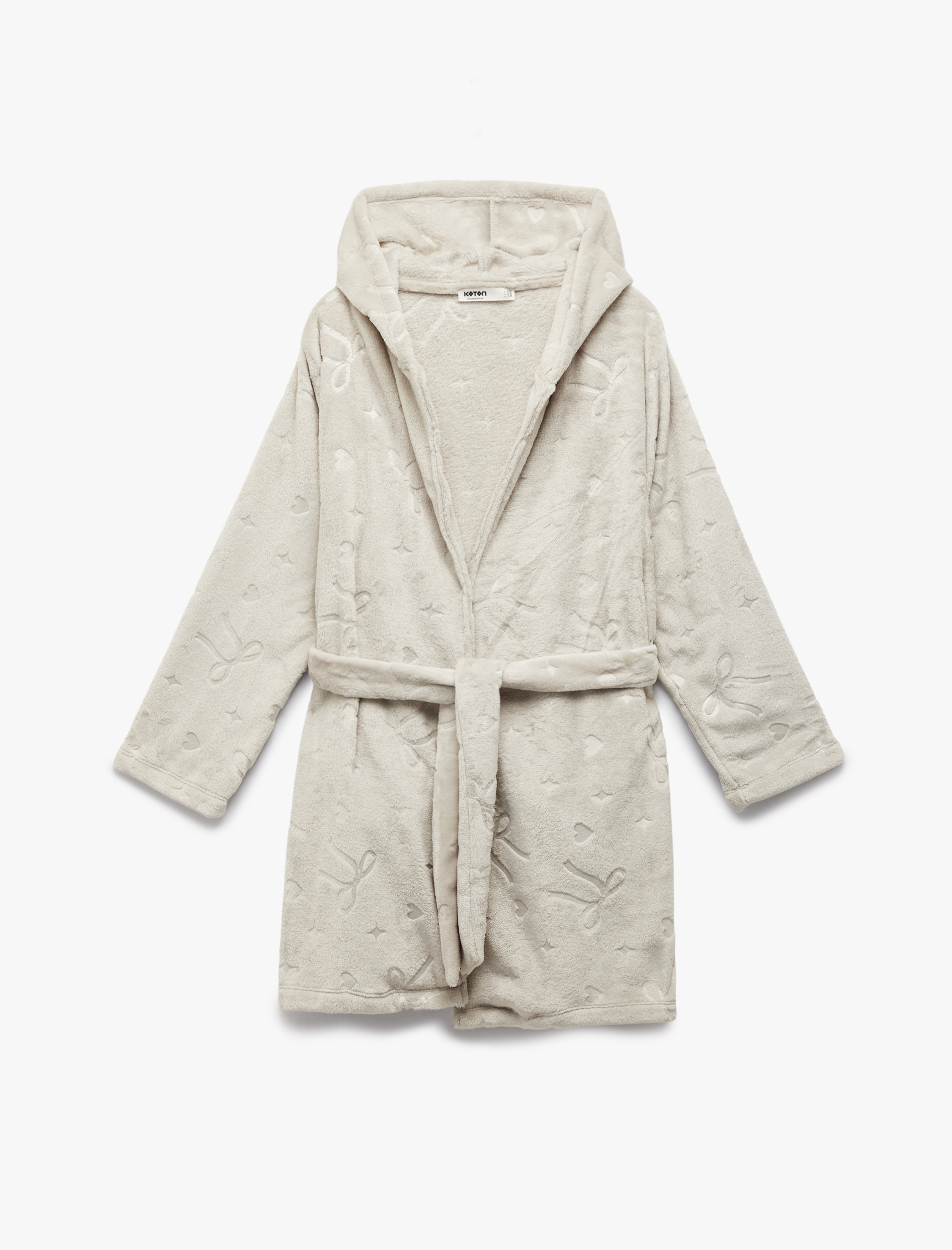   Uzun Kollu Fiyonk Detaylı Kapüşonlu Kemerli Peluş Sabahlık