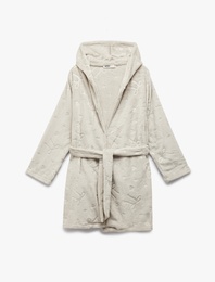 Uzun Kollu Fiyonk Detaylı Kapüşonlu Kemerli Peluş Sabahlık