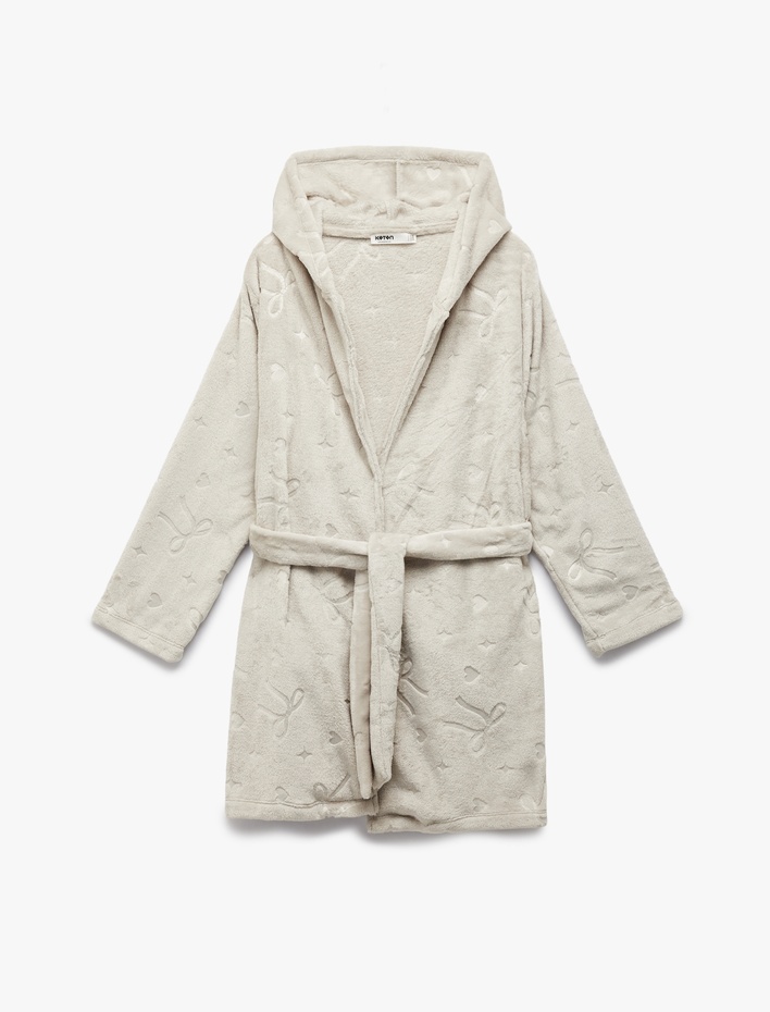  Uzun Kollu Fiyonk Detaylı Kapüşonlu Kemerli Peluş Sabahlık