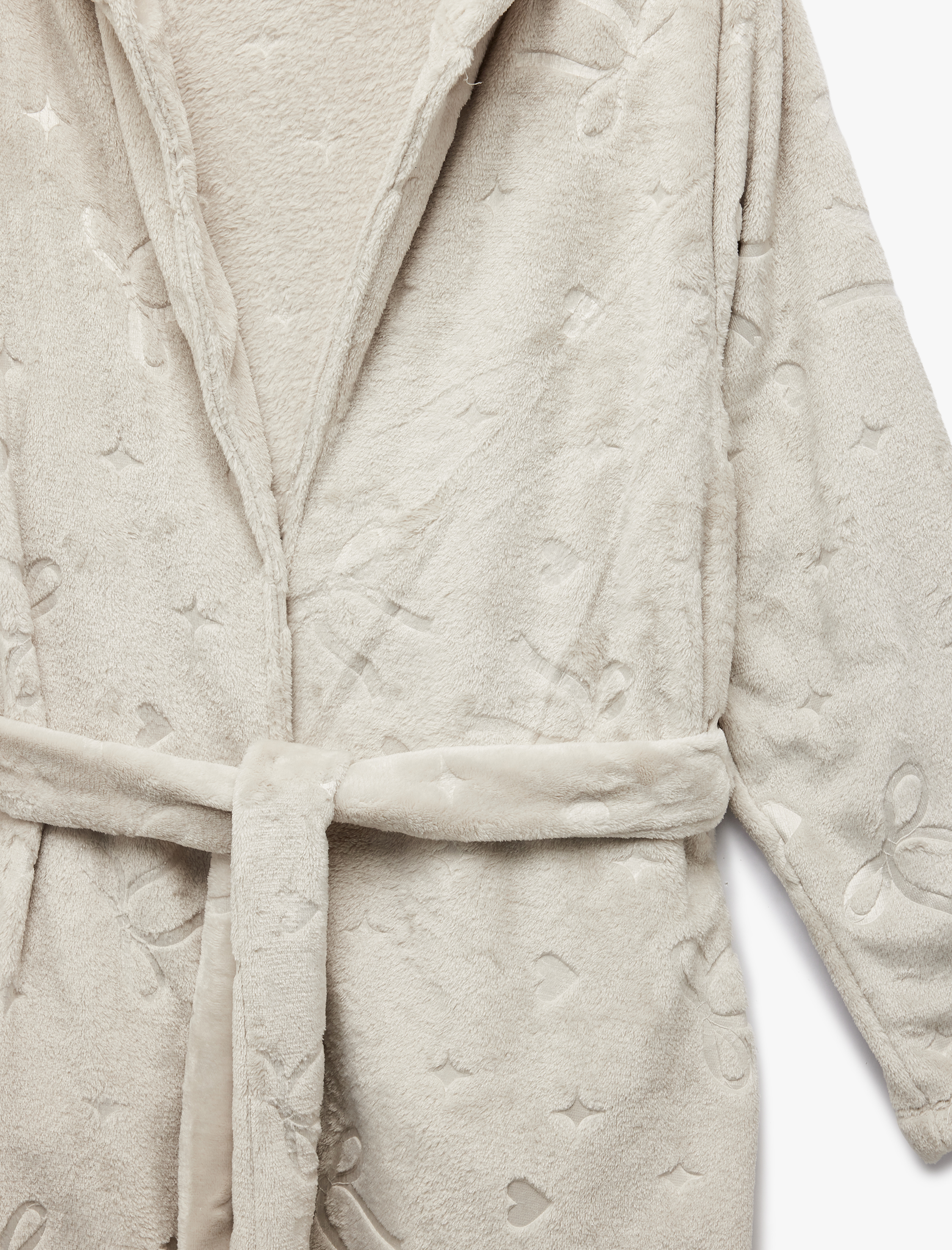   Uzun Kollu Fiyonk Detaylı Kapüşonlu Kemerli Peluş Sabahlık