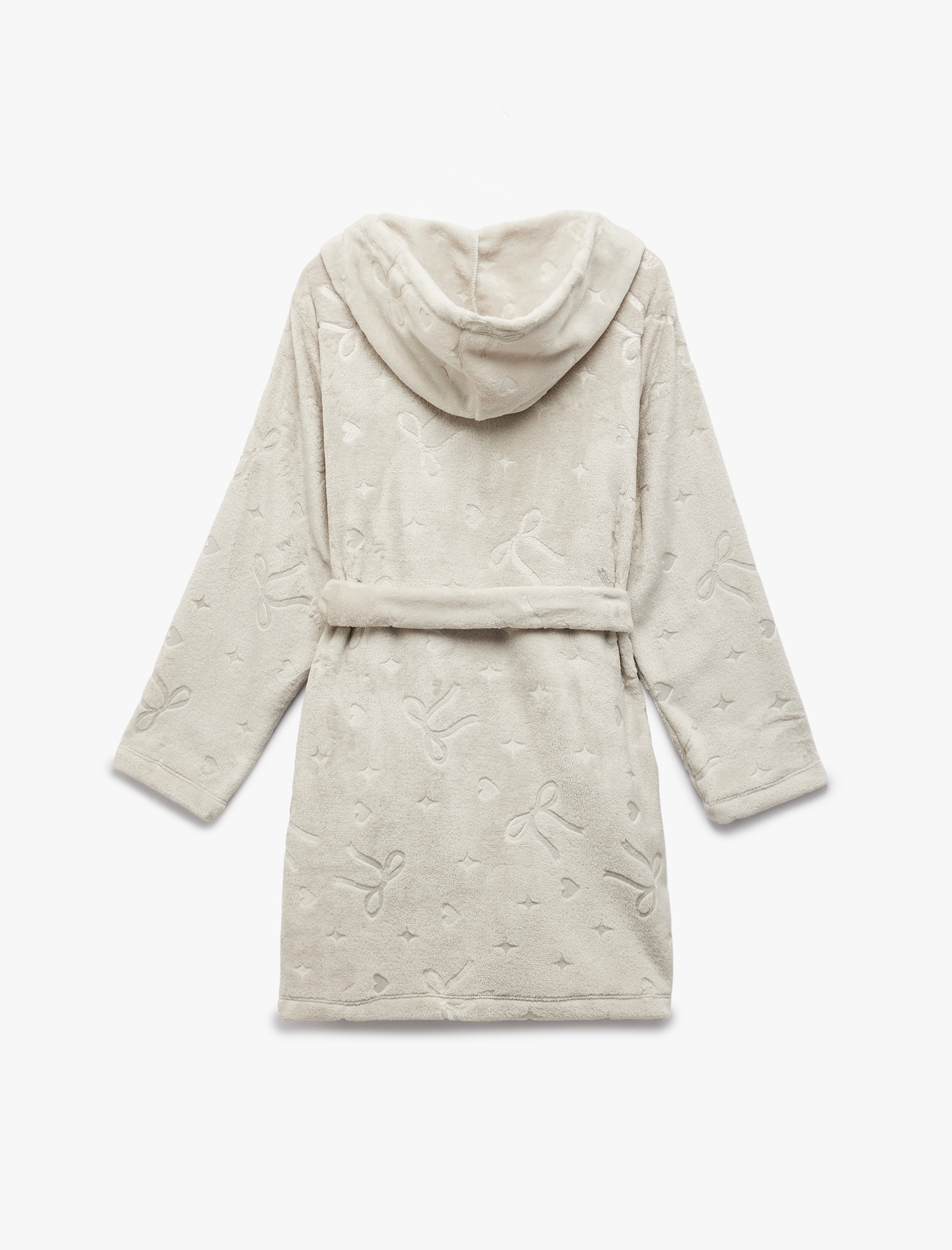   Uzun Kollu Fiyonk Detaylı Kapüşonlu Kemerli Peluş Sabahlık