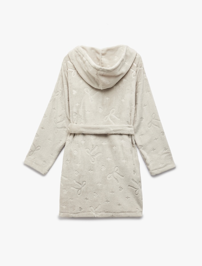  Uzun Kollu Fiyonk Detaylı Kapüşonlu Kemerli Peluş Sabahlık