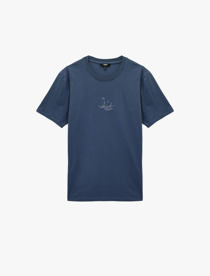  Kısa Kollu Bisiklet Yaka Pamuklu Nakışlı Slim Fit Tişört