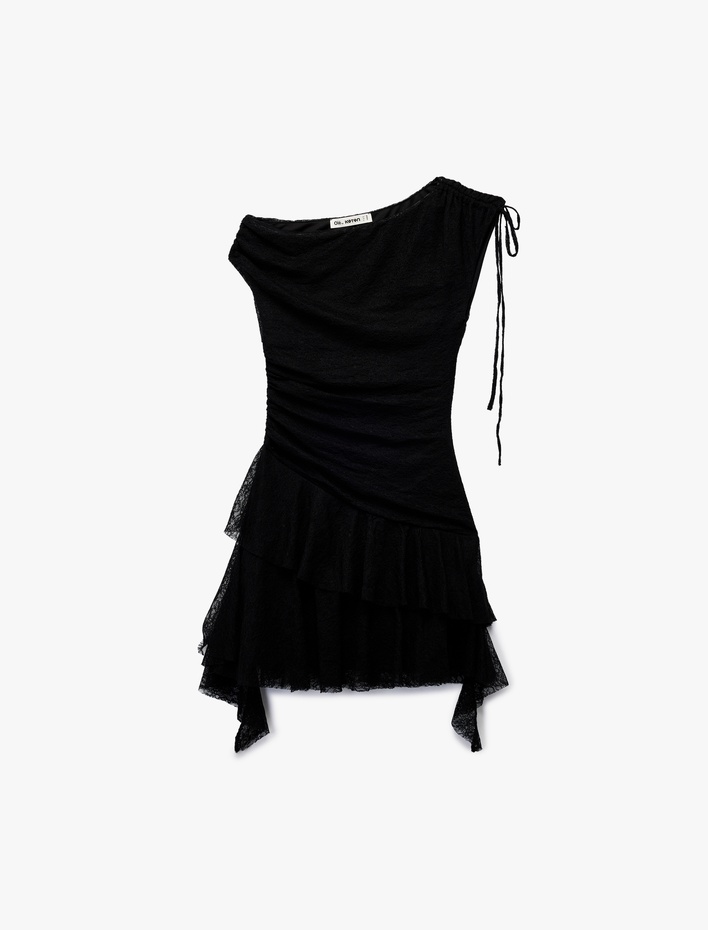  Asimetrik Yaka Kolsuz Büzgülü Slim Fit Mini Elbise