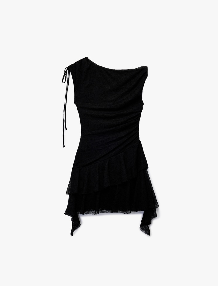  Asimetrik Yaka Kolsuz Büzgülü Slim Fit Mini Elbise