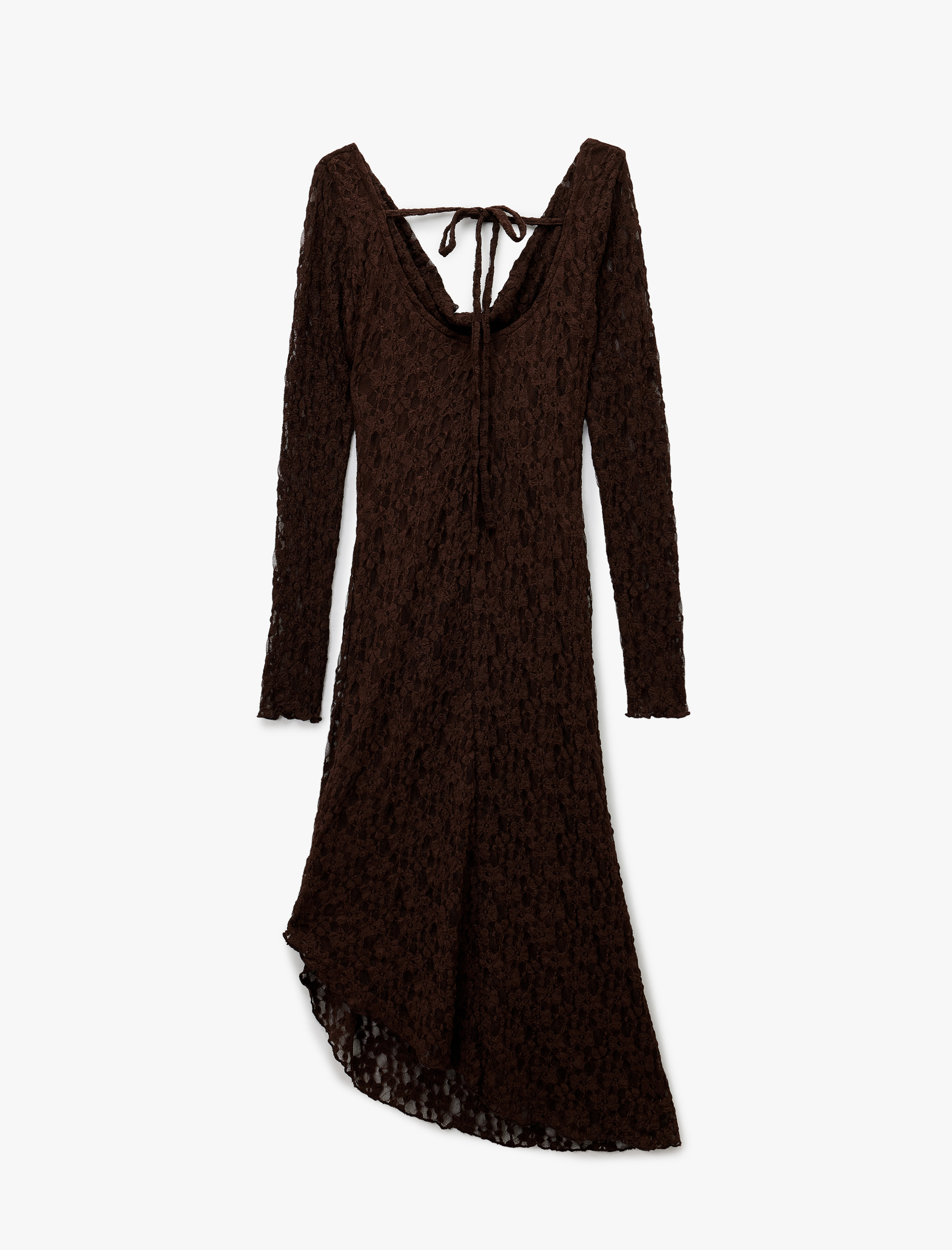   Sırt Detaylı Degaje Yaka Uzun Kollu Asimetrik Midi Dantel Elbise