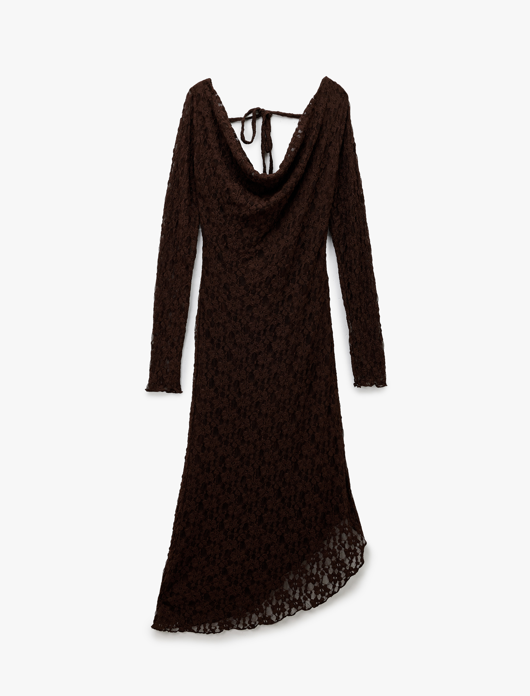   Sırt Detaylı Degaje Yaka Uzun Kollu Asimetrik Midi Dantel Elbise