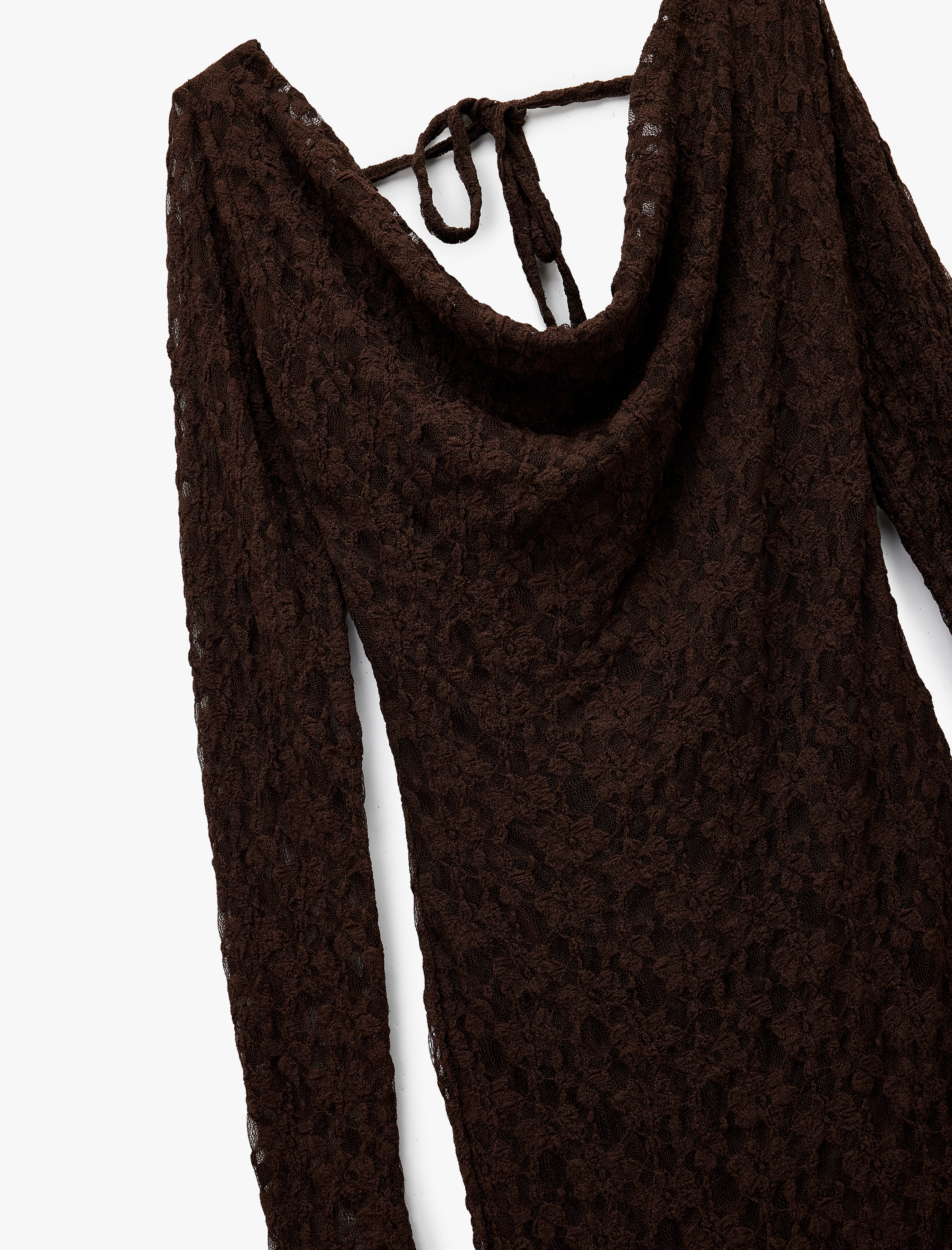   Sırt Detaylı Degaje Yaka Uzun Kollu Asimetrik Midi Dantel Elbise