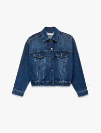 Uzun Kollu Klasik Yaka Düğmeli Cepli Taş Detaylı Denim Ceket