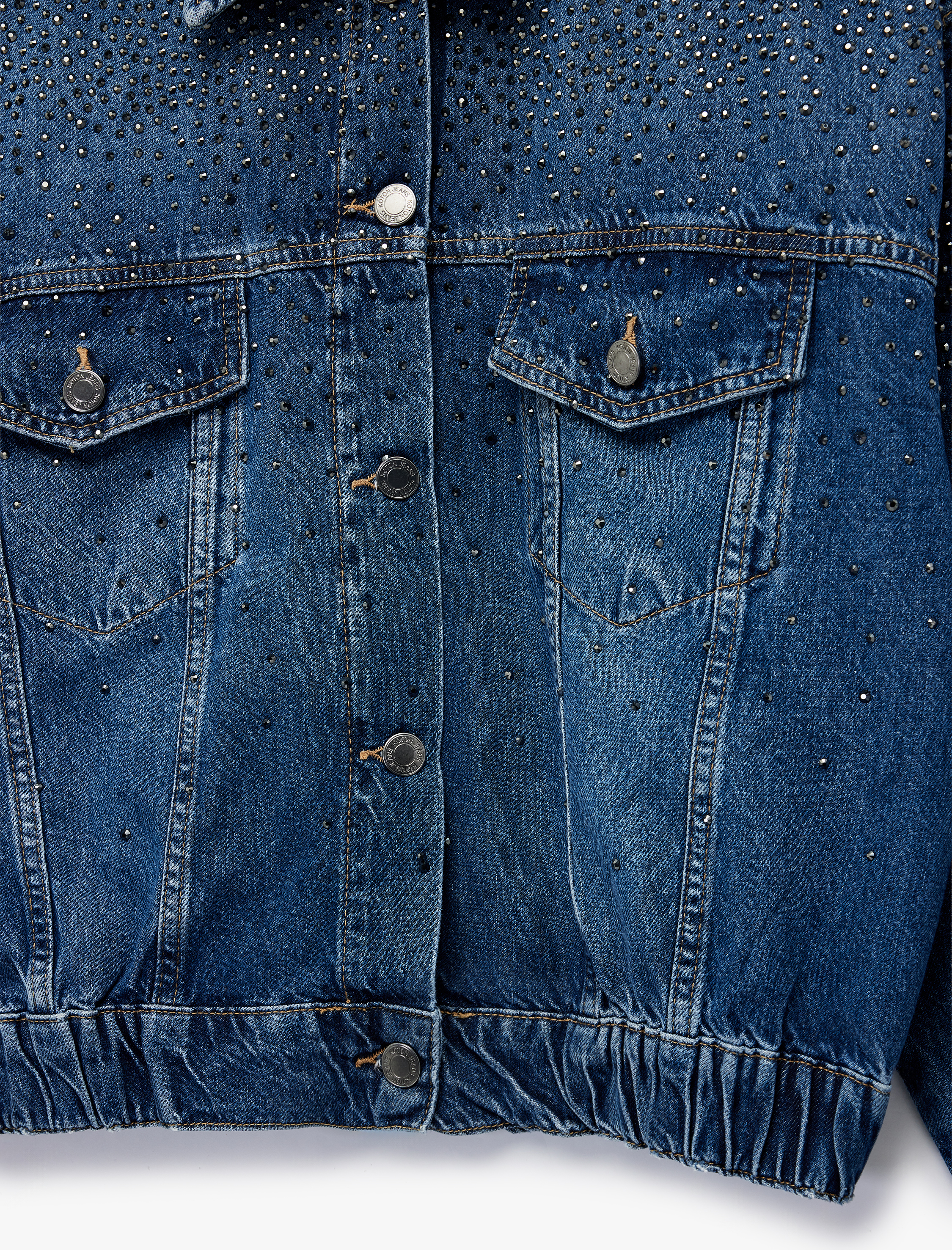   Uzun Kollu Klasik Yaka Düğmeli Cepli Taş Detaylı Denim Ceket