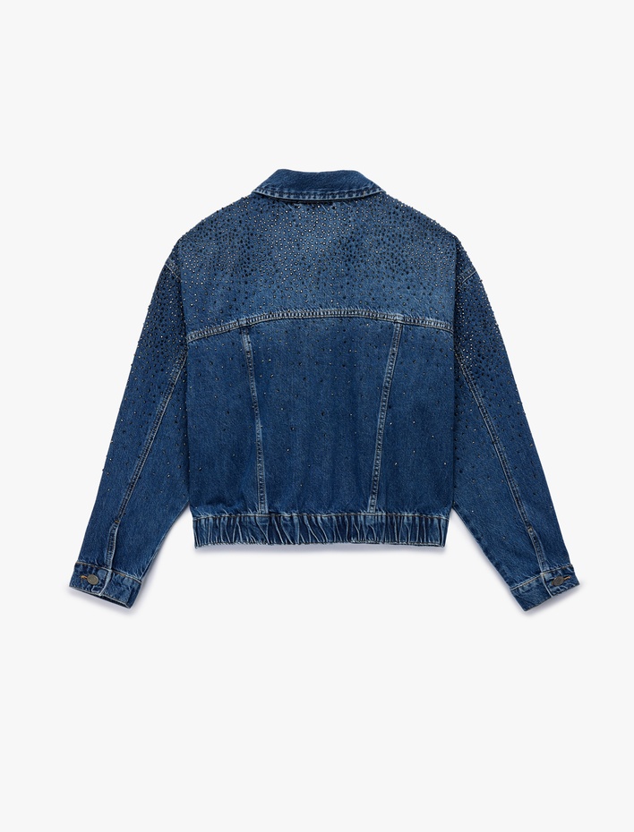  Uzun Kollu Klasik Yaka Düğmeli Cepli Taş Detaylı Denim Ceket