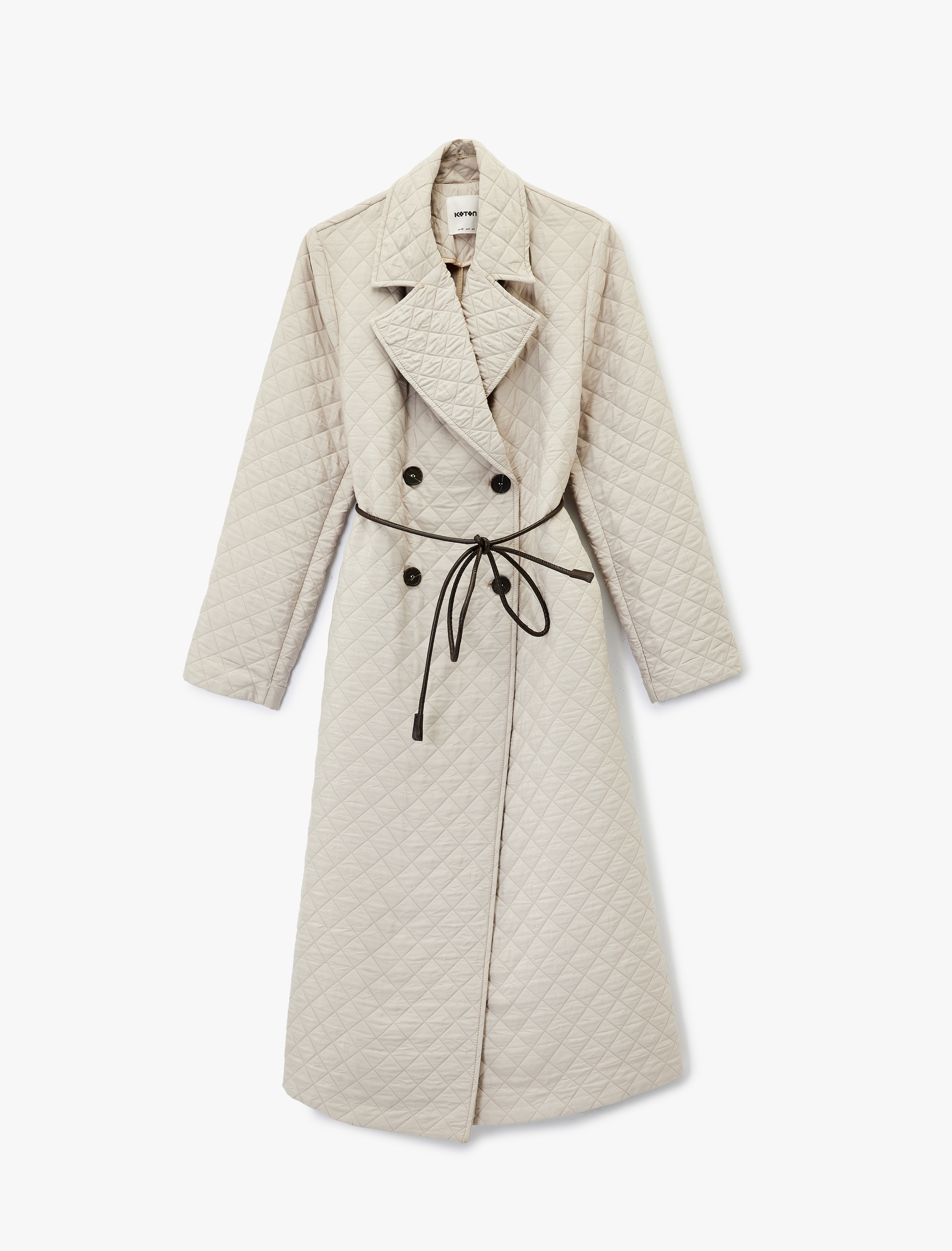   Kapitone Kemerli Kaban Uzun Kruvaze Düğmeli Cepli