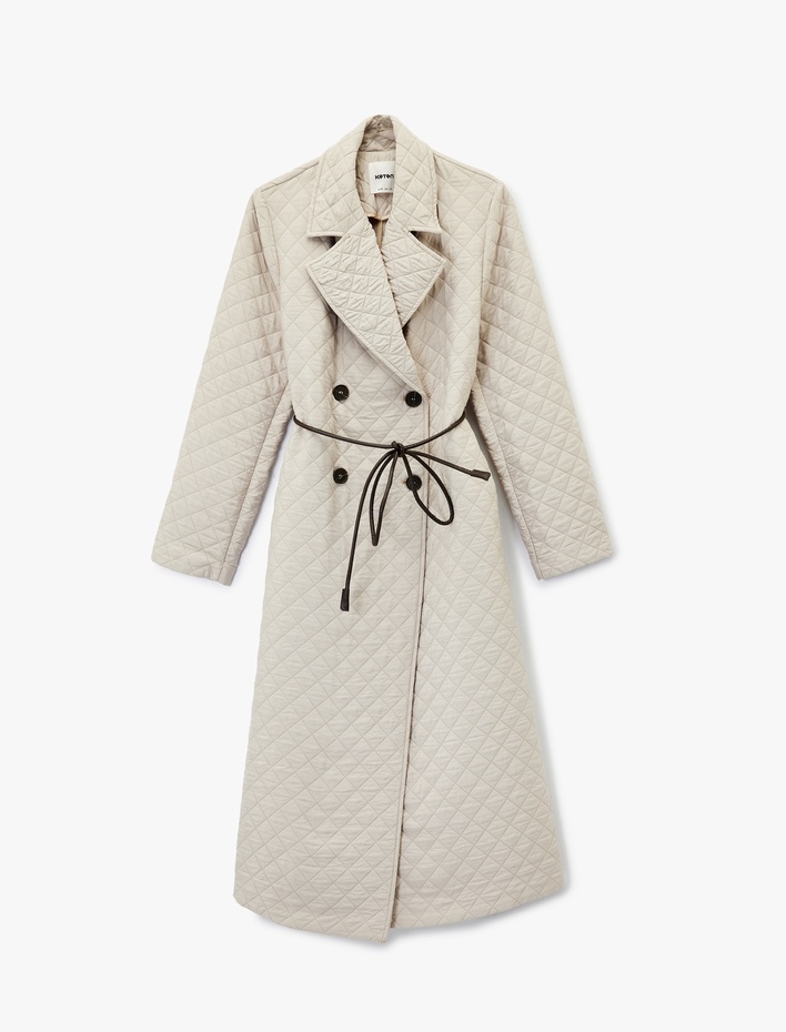  Kapitone Kemerli Kaban Uzun Kruvaze Düğmeli Cepli