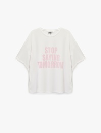 Kısa Kollu Bisiklet Yaka Baskılı Oversize Spor Tişört