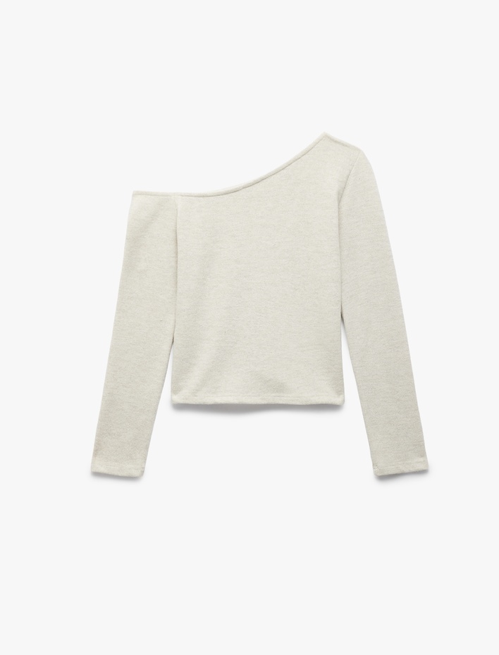  Asimetrik Yaka Slim Fit Omzu Açık Uzun Kollu Tişört