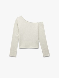 Asimetrik Yaka Slim Fit Omzu Açık Uzun Kollu Tişört