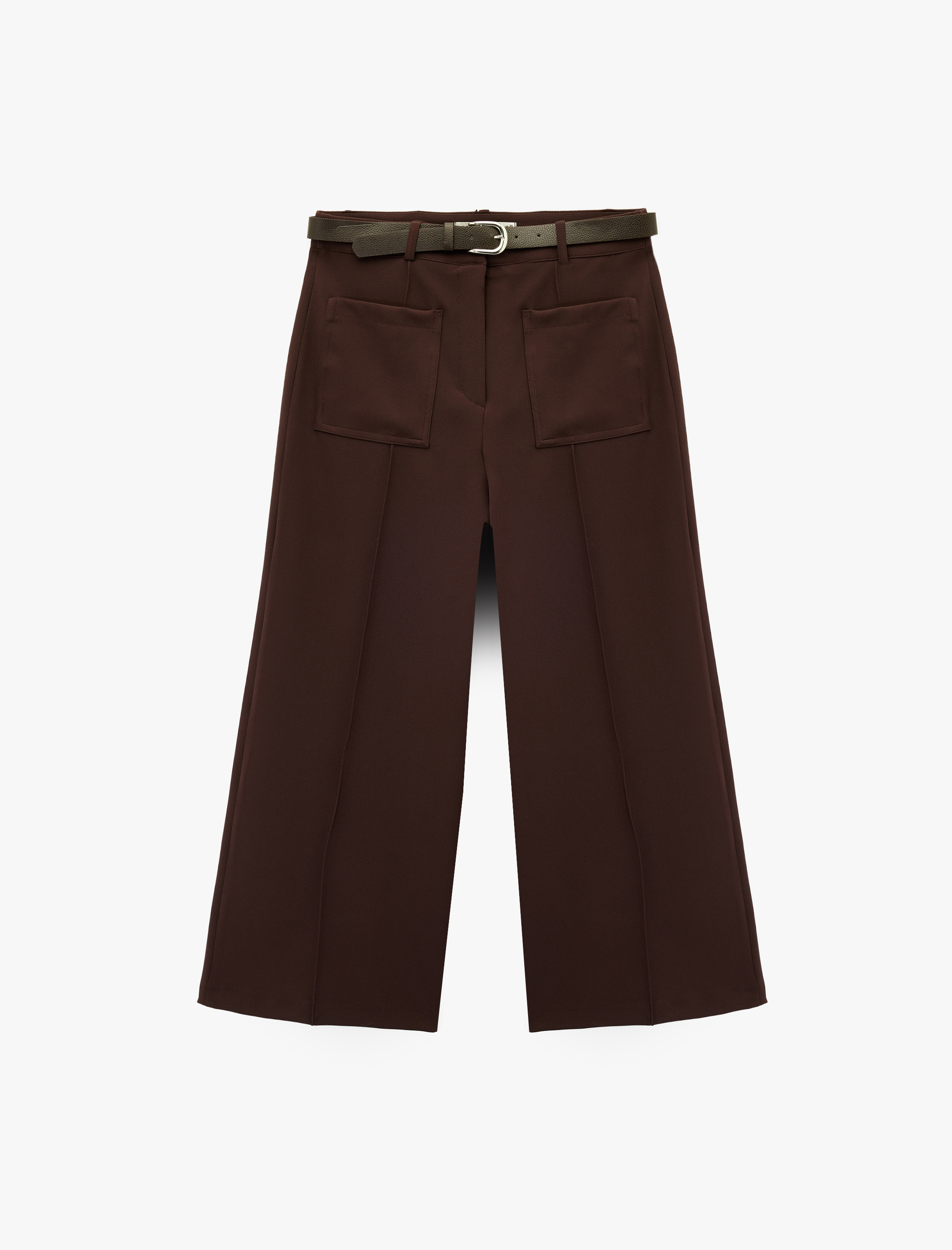   Kemerli Aplike Cepli Culotte Fit Kısa Geniş Paça Kumaş Pantolon