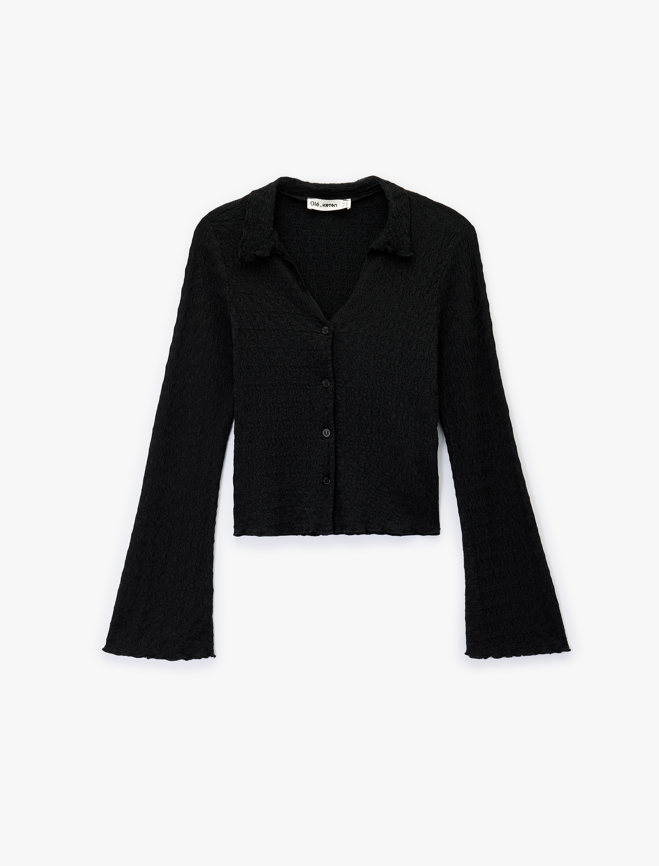   Slim Fit Uzun Kollu Düğmeli Dokulu Klasik Yaka Bluz