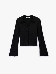 Slim Fit Uzun Kollu Düğmeli Dokulu Klasik Yaka Bluz