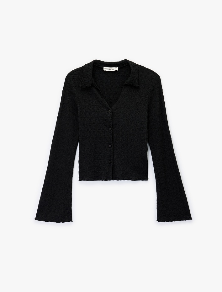  Slim Fit Uzun Kollu Düğmeli Dokulu Klasik Yaka Bluz