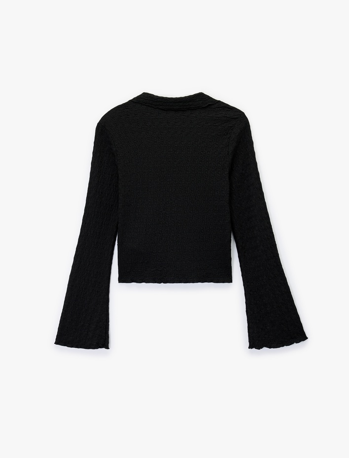  Slim Fit Uzun Kollu Düğmeli Dokulu Klasik Yaka Bluz