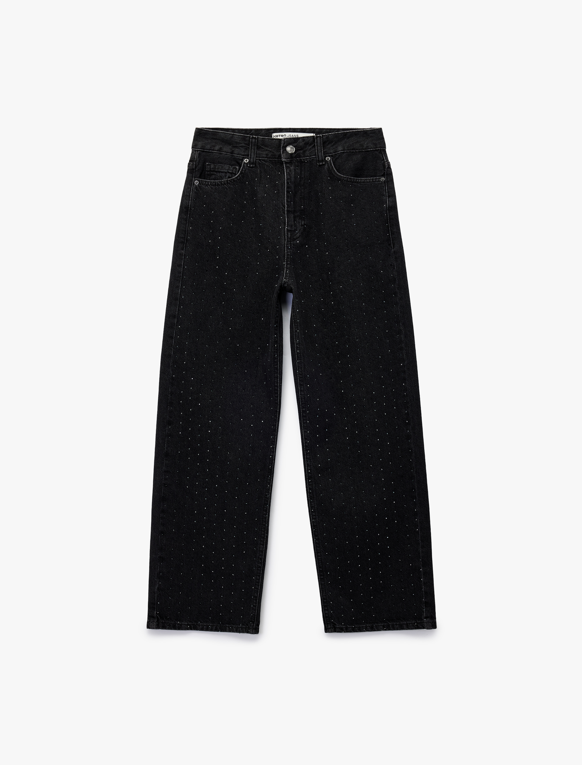   Düğmeli Normal Bel Cepli Düz Paça Taşlı Jean Pantolon - Straight Jeans