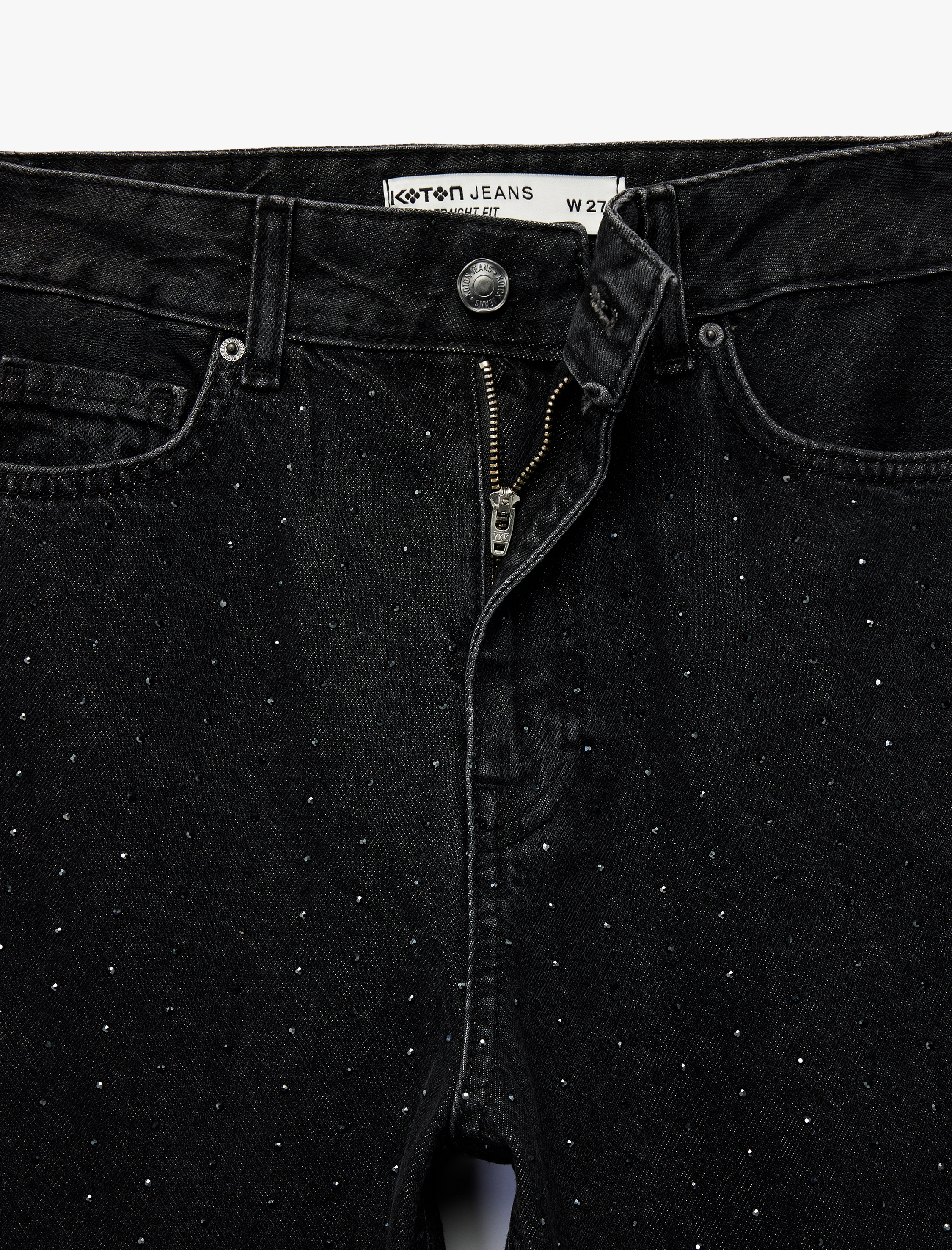   Düğmeli Normal Bel Cepli Düz Paça Taşlı Jean Pantolon - Straight Jeans