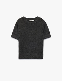 Yarım Kol Bisiklet Yaka Parıltılı Pul İşlemeli Triko Kazak