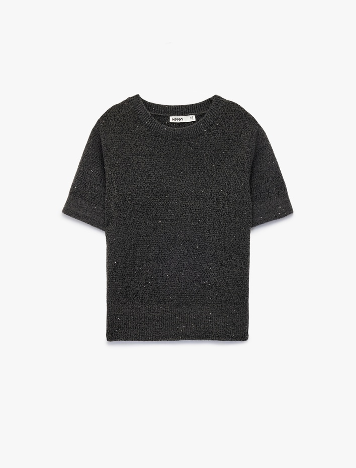  Yarım Kol Bisiklet Yaka Parıltılı Pul İşlemeli Triko Kazak