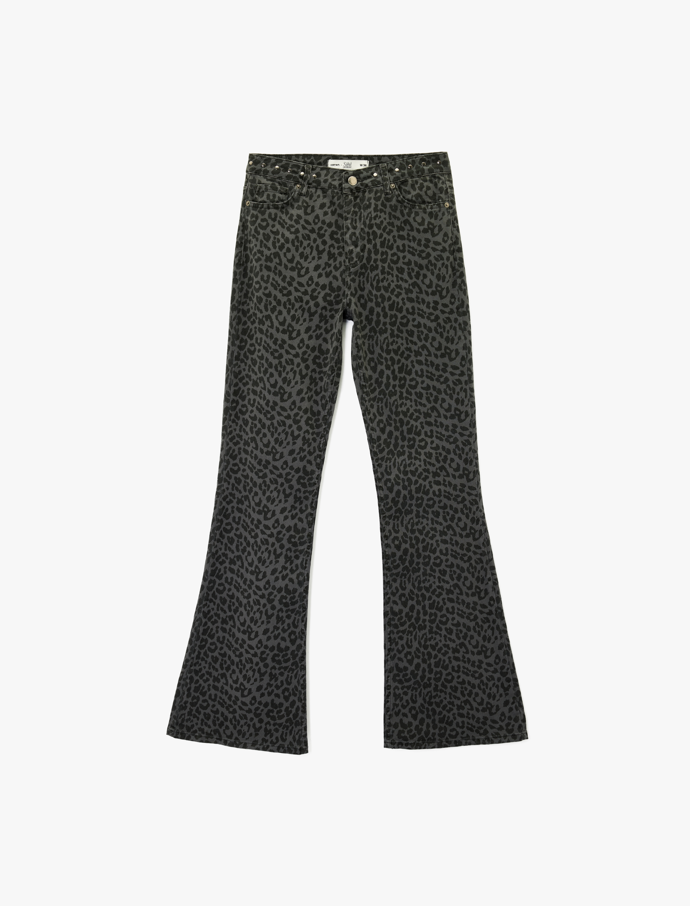   Koton X Sibil Çetinkaya - Leopar Desenli Metal Aksesuarlı İspanyol Paça Jean Pantolon - Flare Jeans