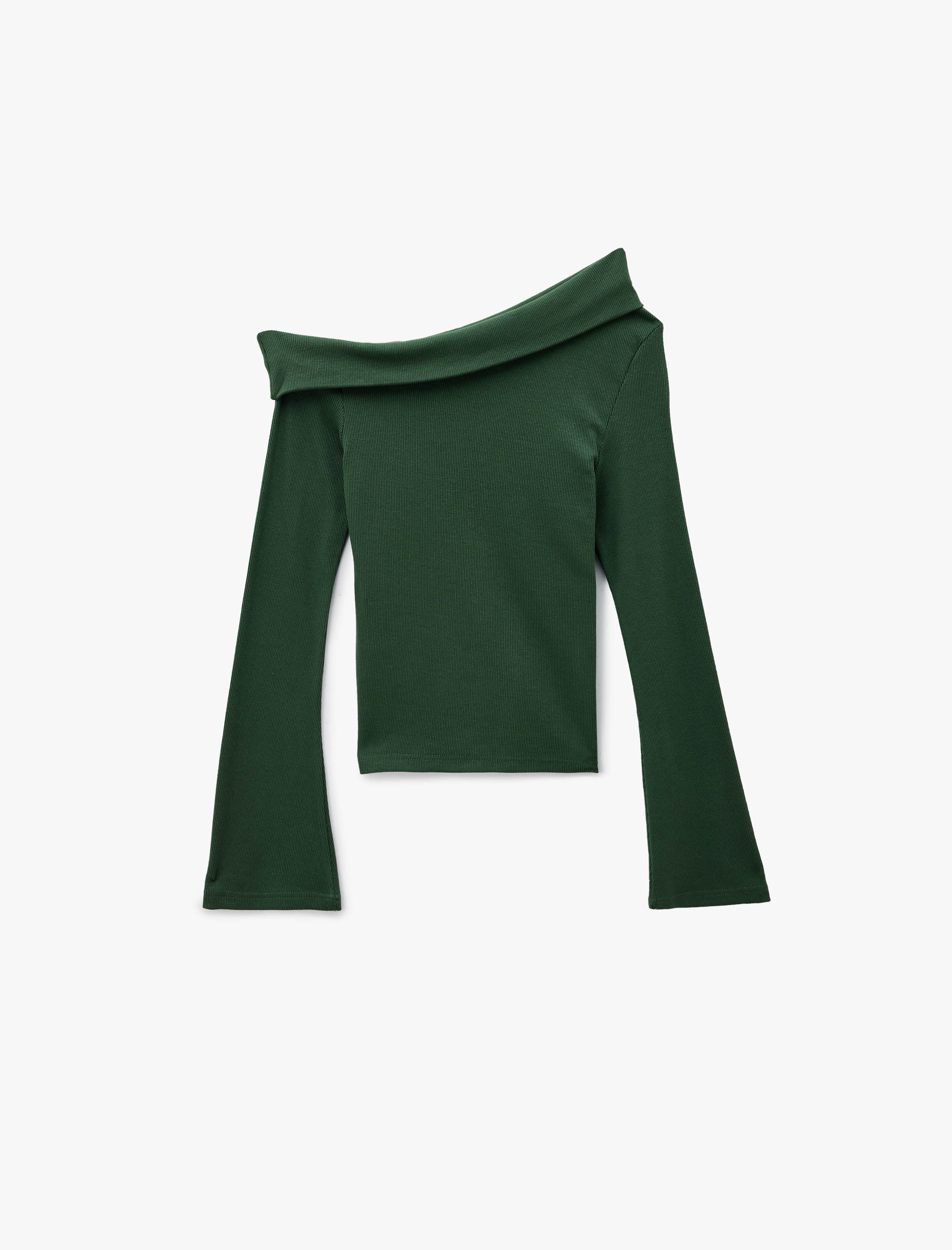   Pamuklu Slim Fit Uzun İspanyol Kollu Omzu Açık Tişört