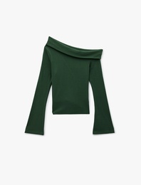 Pamuklu Slim Fit Uzun İspanyol Kollu Omzu Açık Tişört