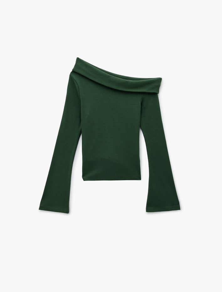  Pamuklu Slim Fit Uzun İspanyol Kollu Omzu Açık Tişört