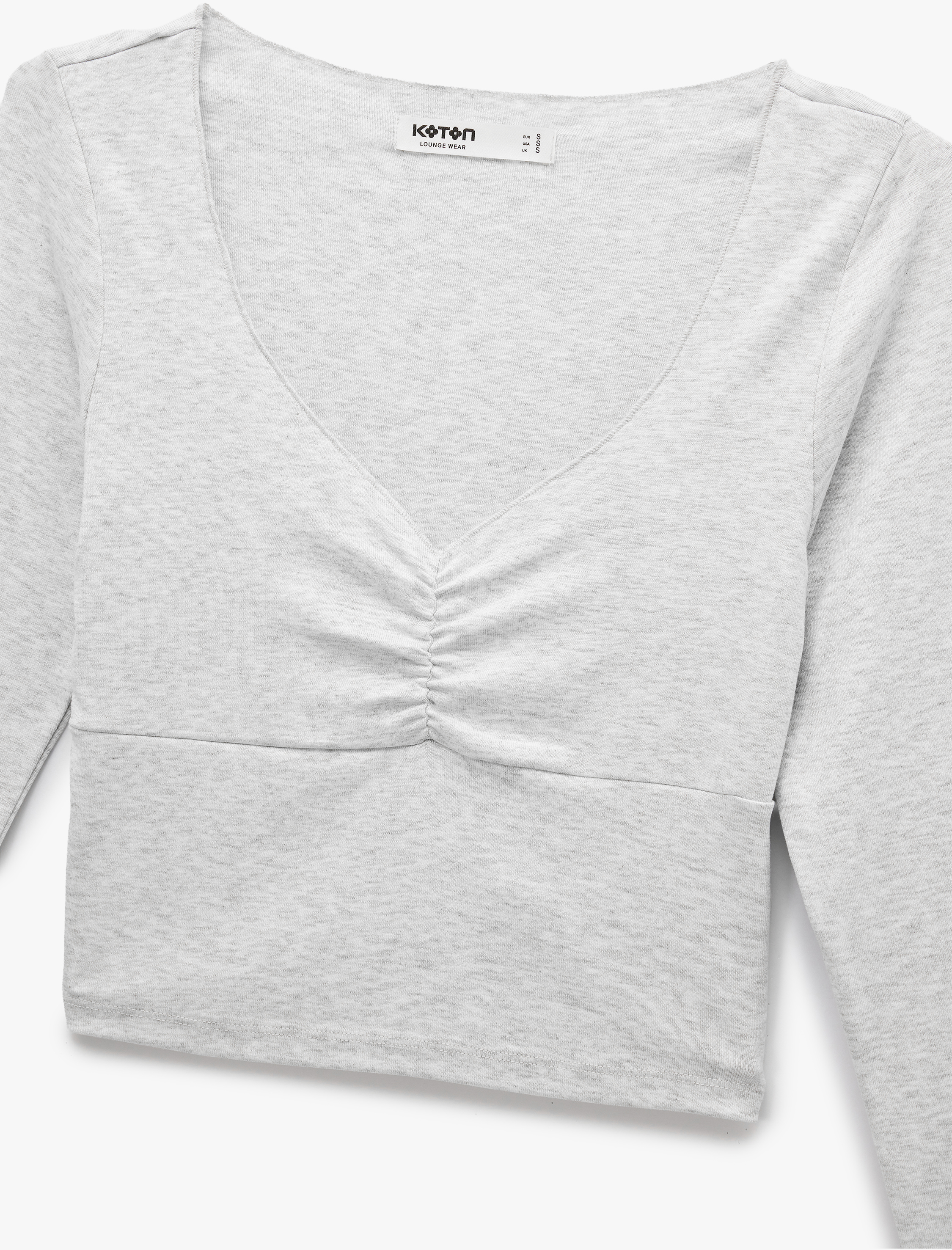   Uzun Kollu V Yaka Büzgülü Viskon Crop Slim Fit Örme Pijama Üstü