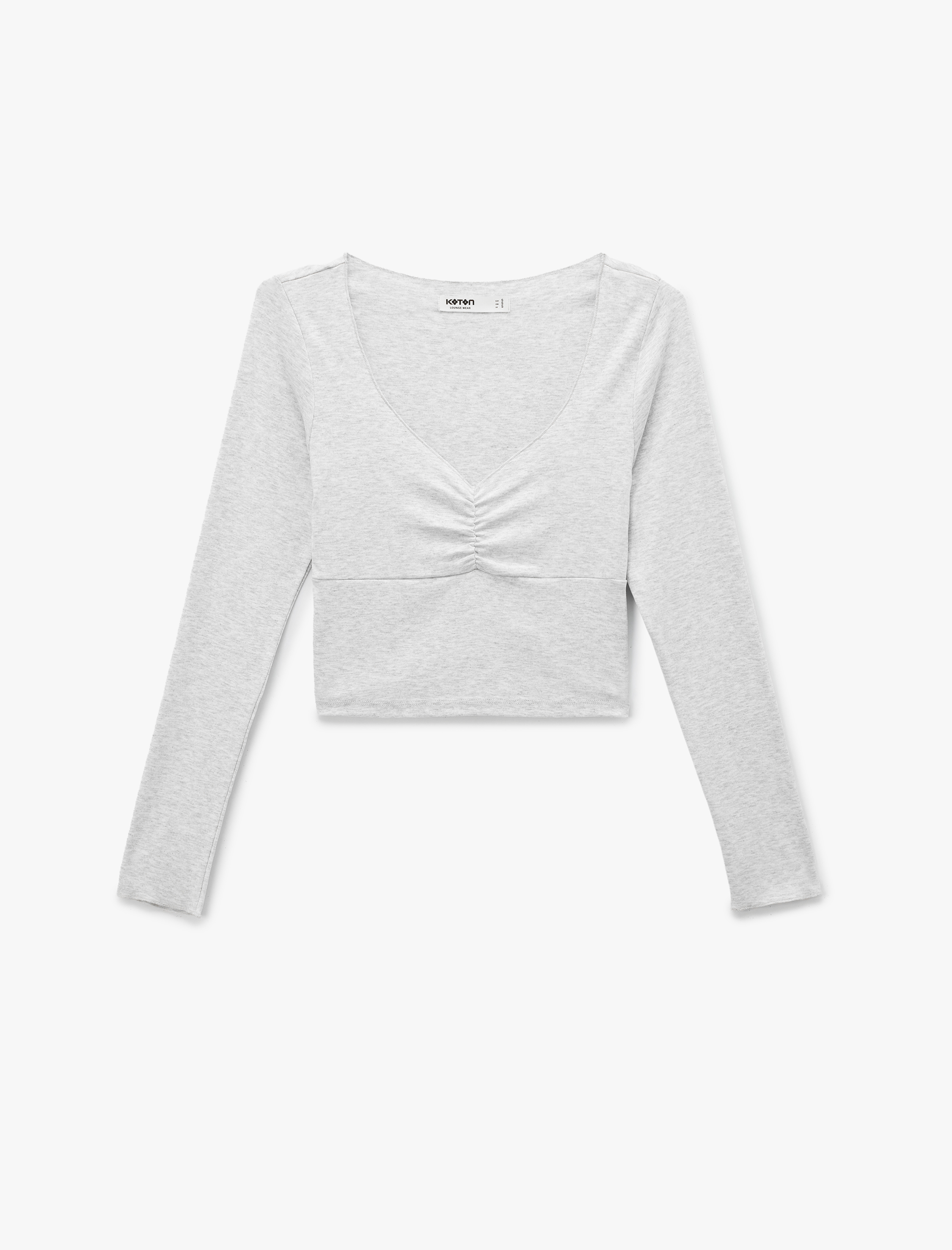   Uzun Kollu V Yaka Büzgülü Viskon Crop Slim Fit Örme Pijama Üstü