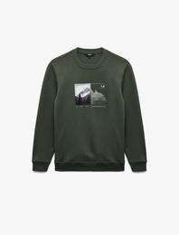 Uzun Kollu Şardonlu Bisiklet Yaka Baskılı Sweatshirt