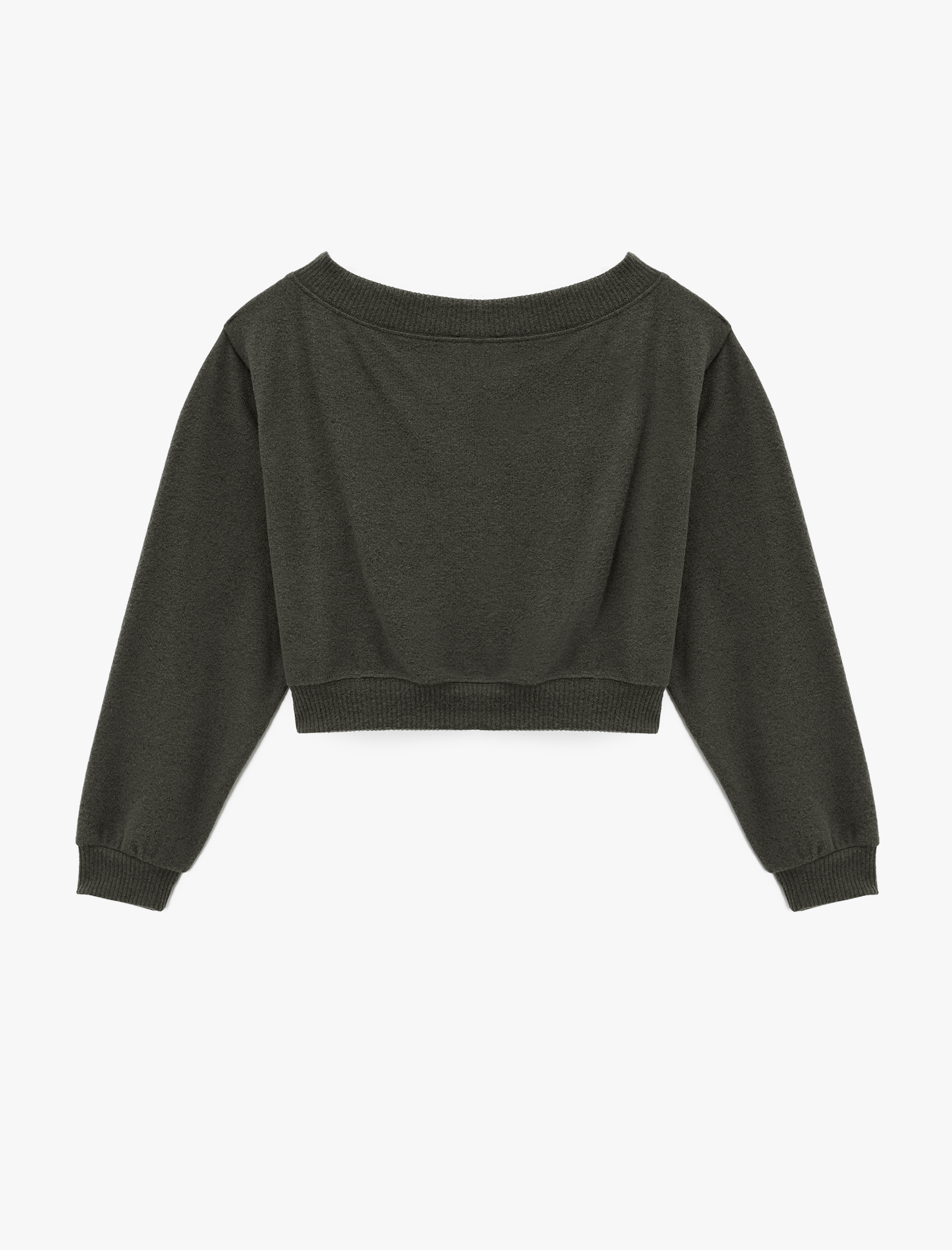   Viskon Karışımlı Kayık Yaka Omzu Açık Uzun Kollu Tişört