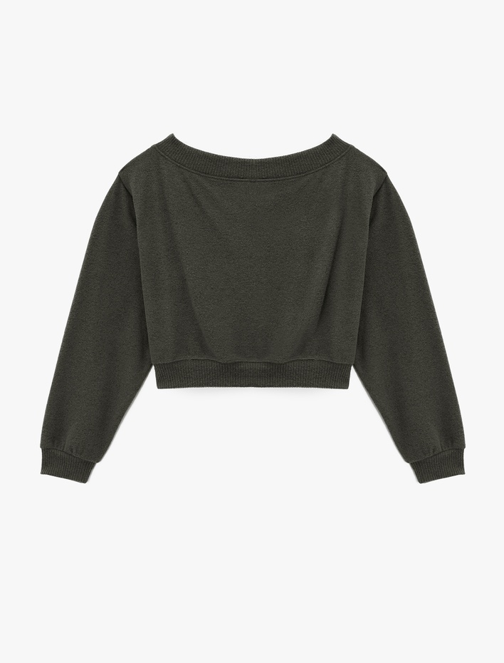  Viskon Karışımlı Kayık Yaka Omzu Açık Uzun Kollu Tişört