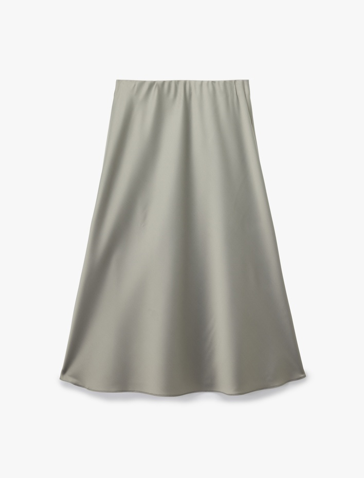  Slim Fit Beli Lastikli Midi Saten Etek