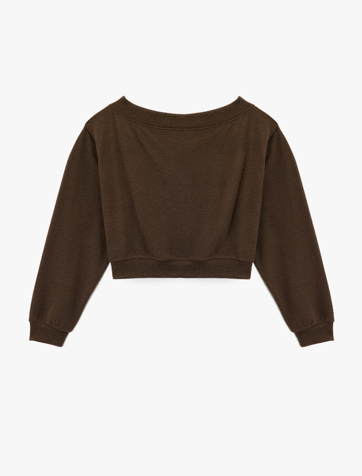  Viskon Karışımlı Kayık Yaka Omzu Açık Uzun Kollu Tişört