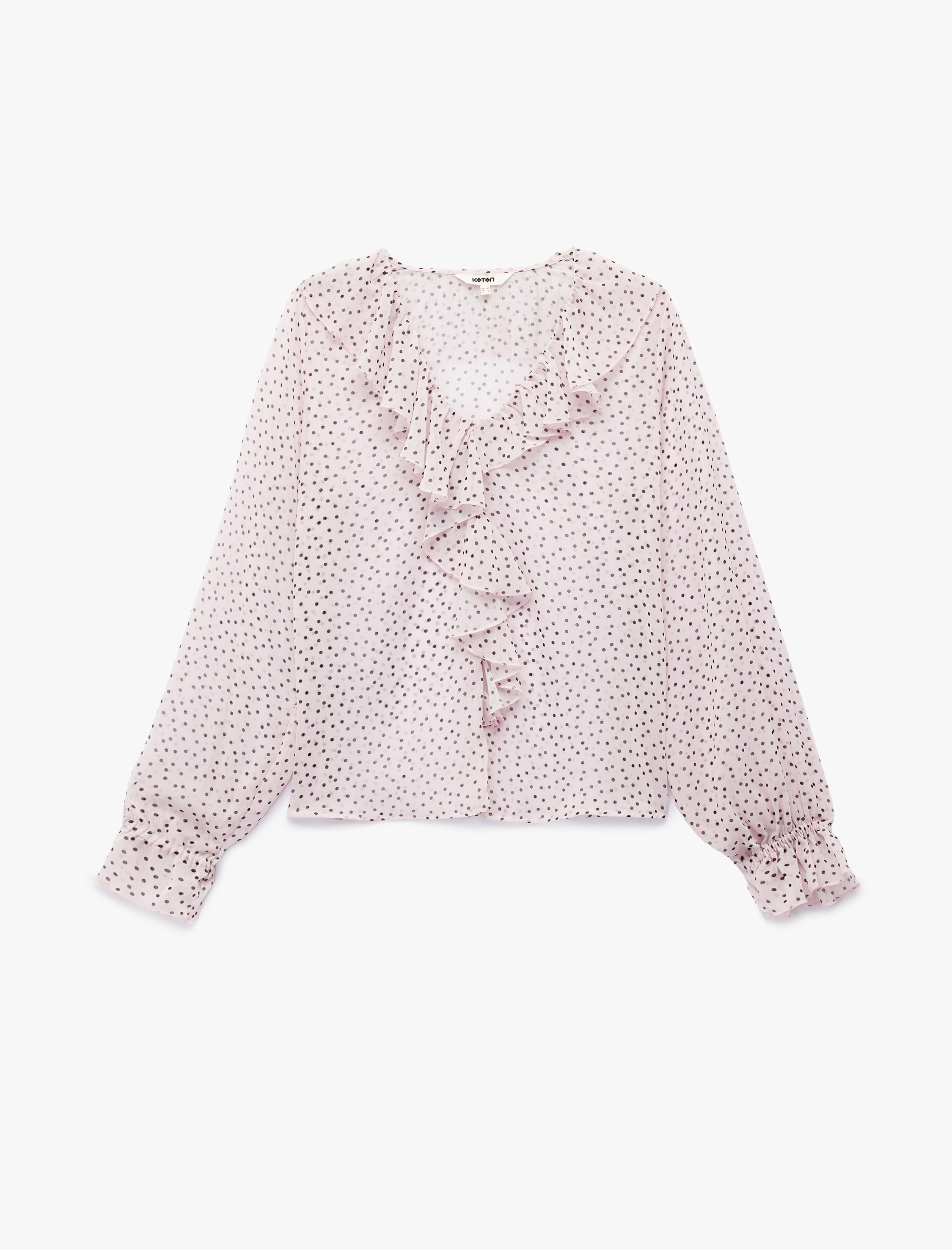   Uzun Kollu Puantiye Desenli  V Yaka Fırfırlı Şifon Bluz