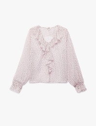 Uzun Kollu Puantiye Desenli  V Yaka Fırfırlı Şifon Bluz