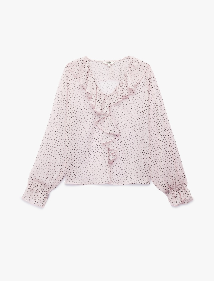  Uzun Kollu Puantiye Desenli  V Yaka Fırfırlı Şifon Bluz