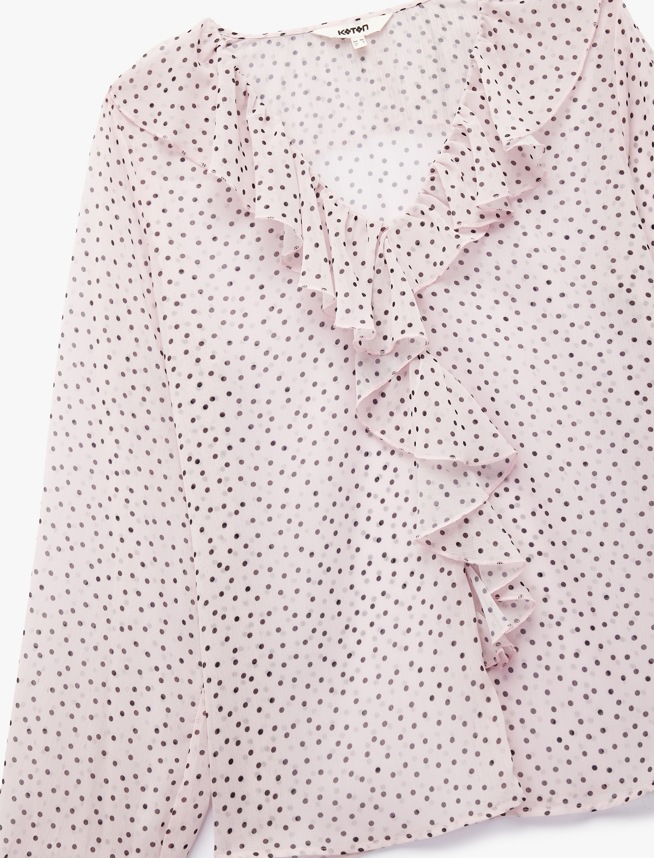   Uzun Kollu Puantiye Desenli  V Yaka Fırfırlı Şifon Bluz