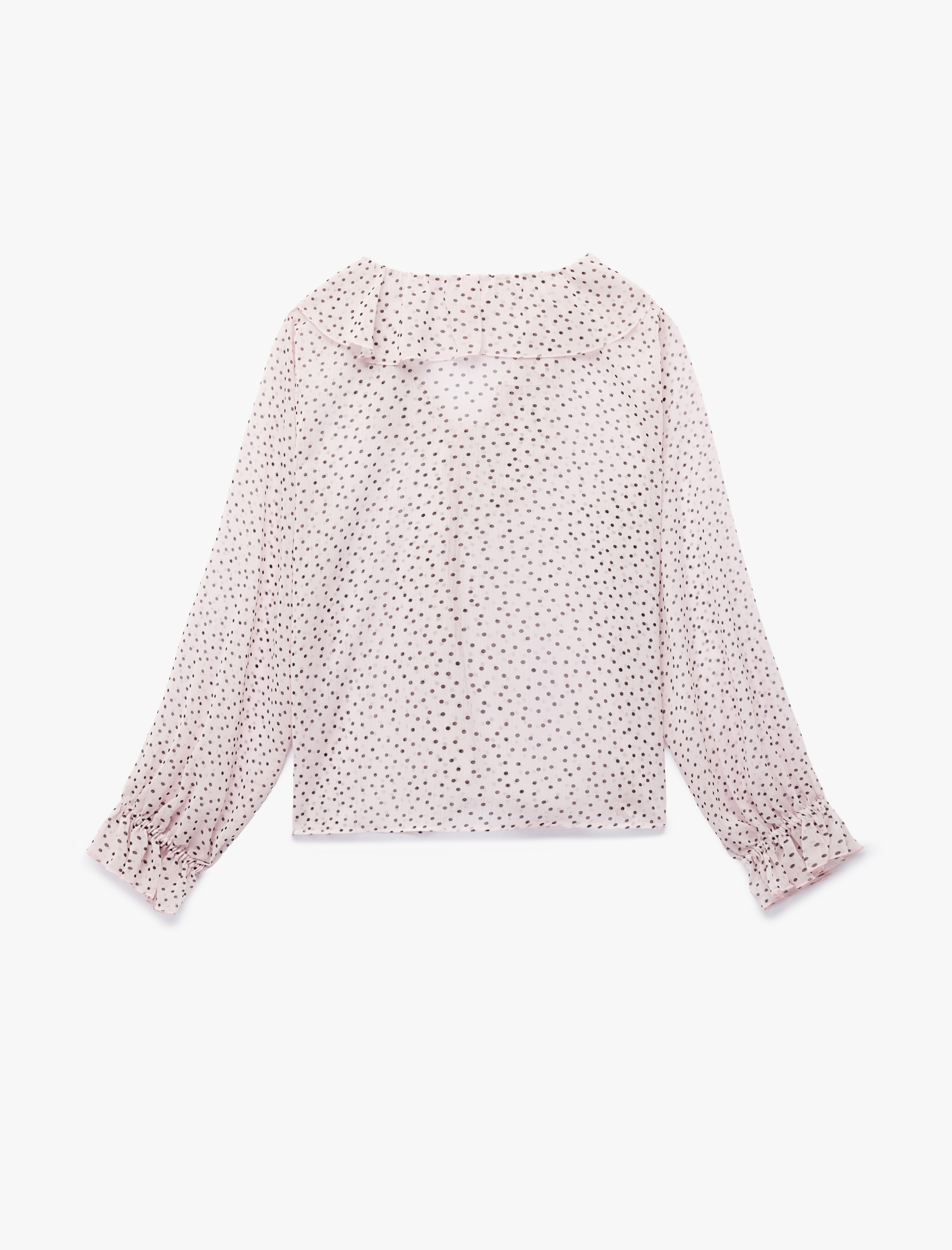   Uzun Kollu Puantiye Desenli  V Yaka Fırfırlı Şifon Bluz