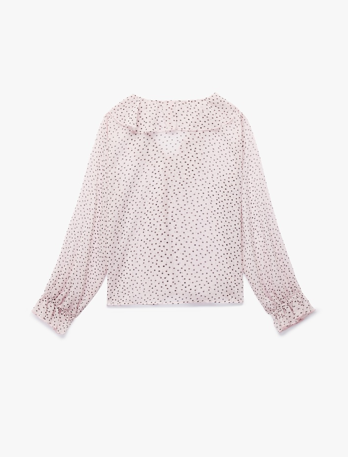  Uzun Kollu Puantiye Desenli  V Yaka Fırfırlı Şifon Bluz