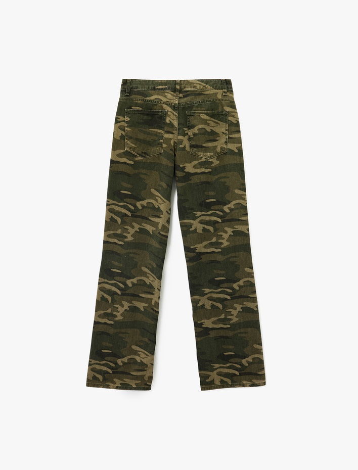  Pamuklu Normal Bel Düğmeli Düz Paça Kamuflaj Pantolon - Straight Fit Jean