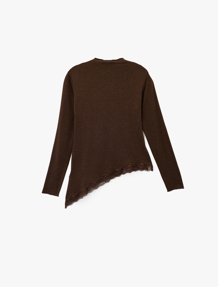  Regular Fit Uzun Kollu Asimetrik Bisiklet Yaka Dantelli Tişört