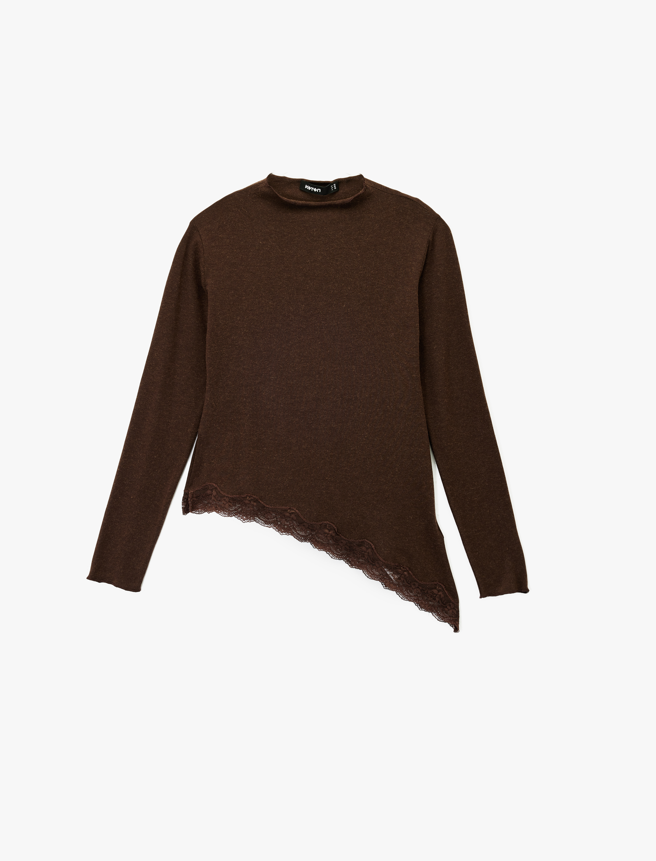   Regular Fit Uzun Kollu Asimetrik Bisiklet Yaka Dantelli Tişört