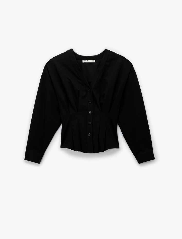  Viskon Karışımlı Uzun Kollu V Yaka Düğmeli Gömlek